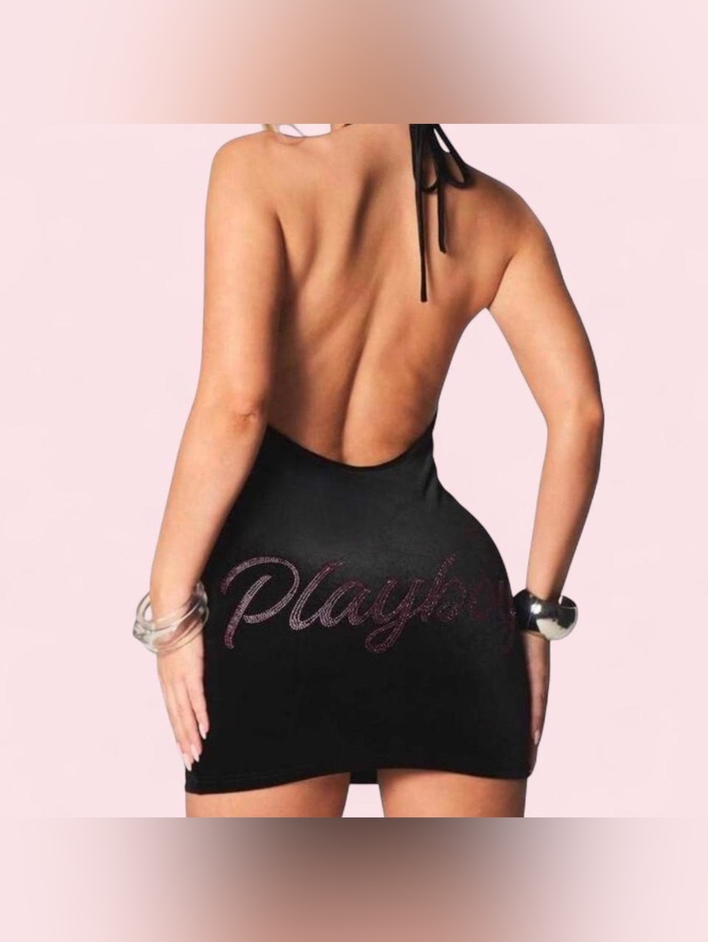 PLAYBOY Black Backless Mini Dress with Script Accent
